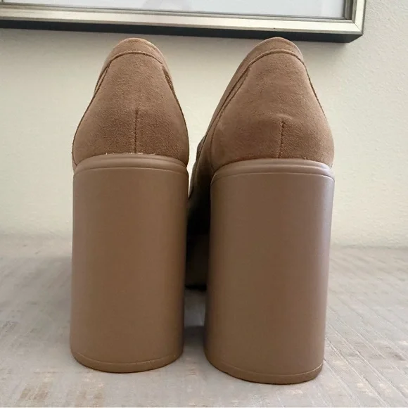 Womens Tan Suede Platform Loafers - Classic Chunky Heel - Picture 3 of 4